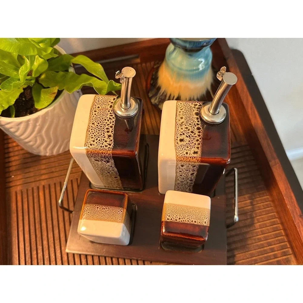 Vintage Pier 1 Tri-Color Brown & White Ceramic Oil, Vinegar, Salt Pepper Set